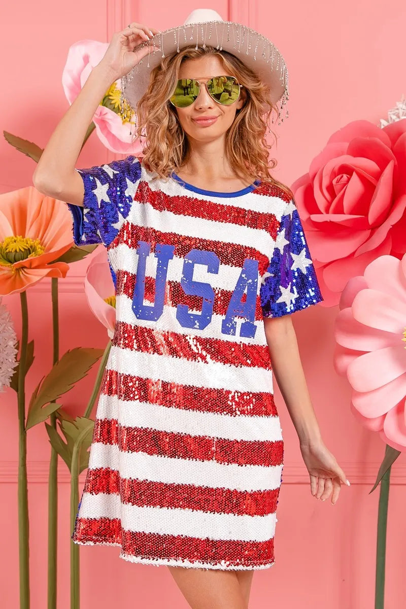 BiBi American Flag Theme Usa Print Sequin Dress - Farnelli