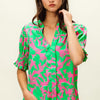 BiBi Smocked Cuff Floral Contrast Top - Jade/Fuchsia