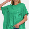 Zenana Pocketed Round Neck Dropped Shoulder T-Shirt - Green