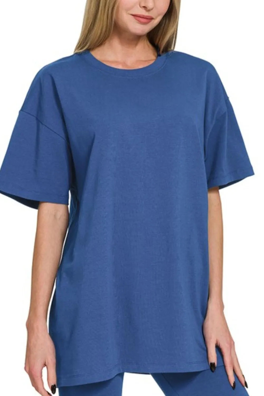 Zenana Cotton Round Neck Top & Biker Shorts - Farnelli