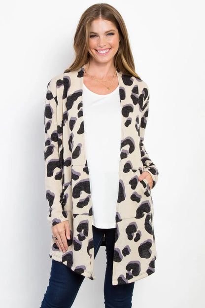 Be Stage Printed Open Front Knit Cardigan with Pockets - Farnelli