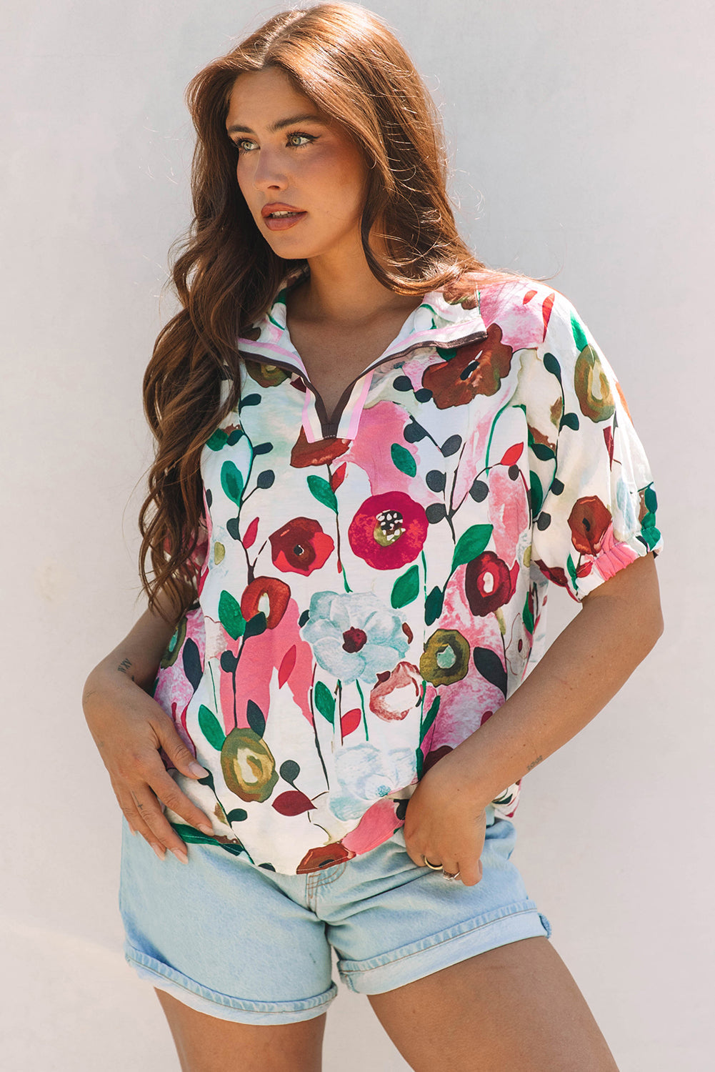 Adele Floral Slit V Neck Blouse - Farnelli