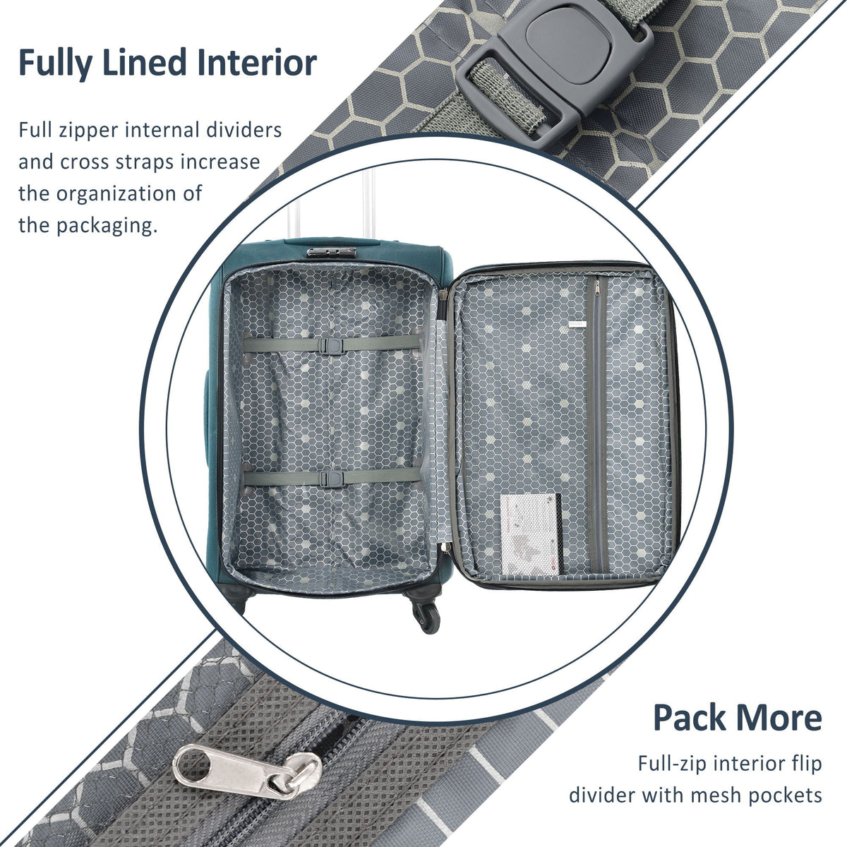 HouseOfZazla expandable softside luggage 3-piece set with spinner wheels in multiple colors