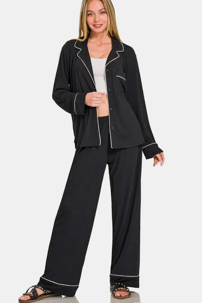 Zenana Button Down Long Sleeve Top and Pants Lounge Set - Farnelli