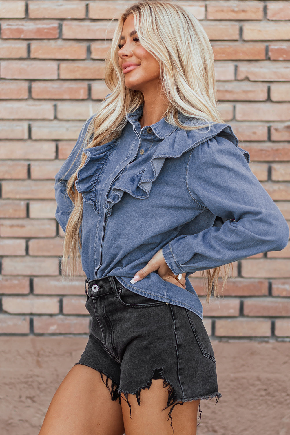 Trinity Denim Ruffled Casual Top - Farnelli