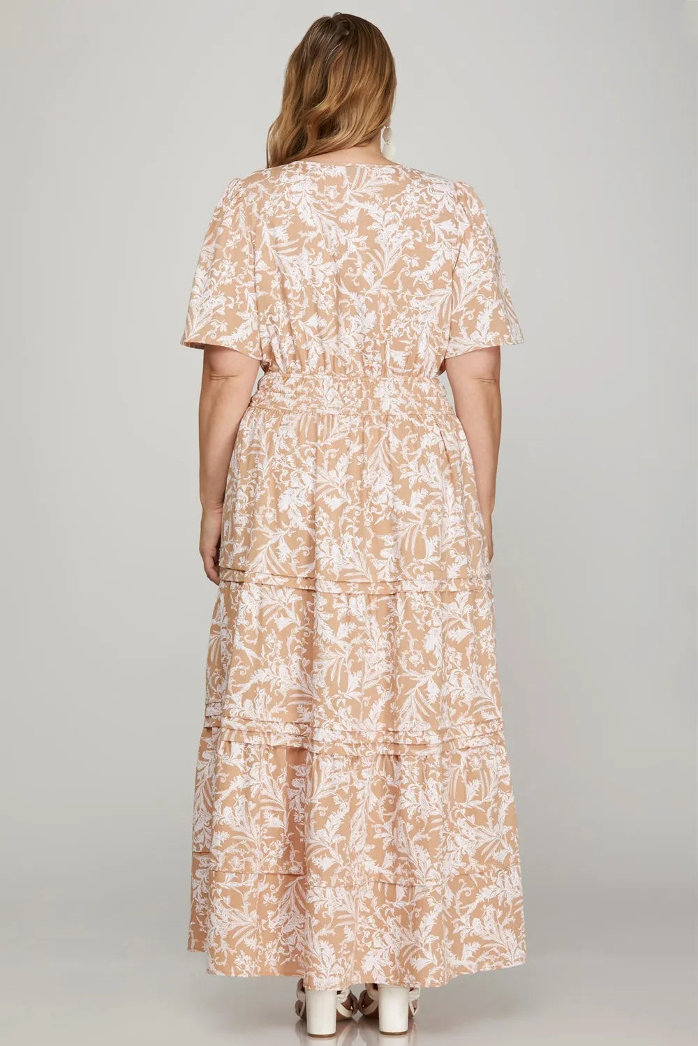 She + Sky Printed Notched Woven Tiered Pintuck Maxi Dress with Side Pockets - Farnelli