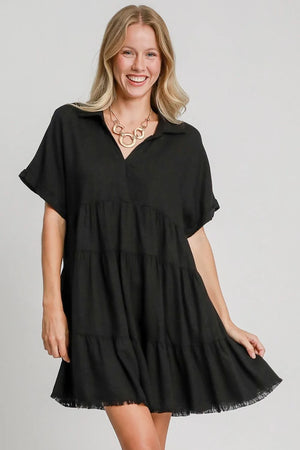 Umgee Full Size Raw Hem Folded Sleeve Tiered Dress Plus Size - Farnelli