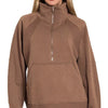 Zenana Half Zip Fleece Sweatshirt with kangaroo Pocket - BROWN
