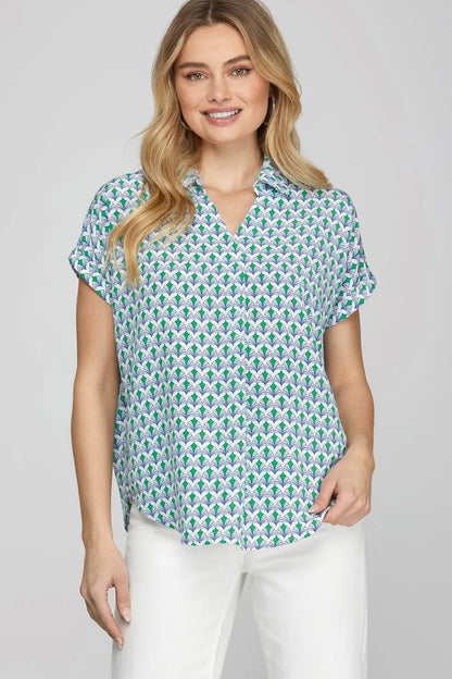 She + Sky Full Size Printed Johnny Collar Short Sleeve Blouse Plus Size - Farnelli