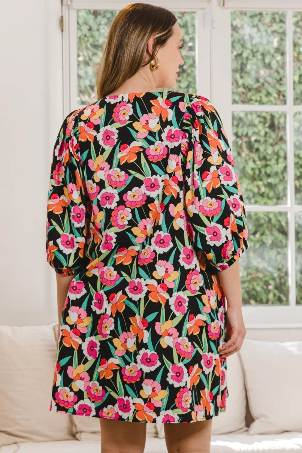 ODDI Full Size Floral Puff Sleeve Mini Dress - Farnelli