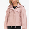 How Dare U Drawstring Hem PU Leather Zip Up Jacket - Mauve
