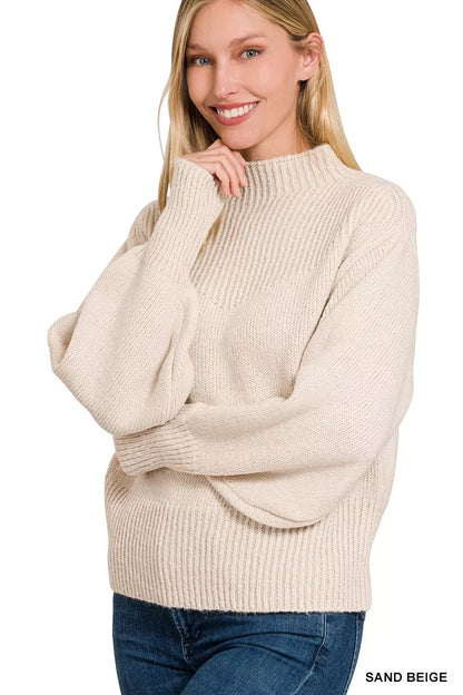 Zenana Balloon Sleeve Mock Neck Sweater - Farnelli