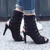 Peep Toe Lace-Up High Heel Boots - Black