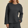 Double Take Full Size Texture Round Neck Long Sleeve Top and Shorts Set - Black