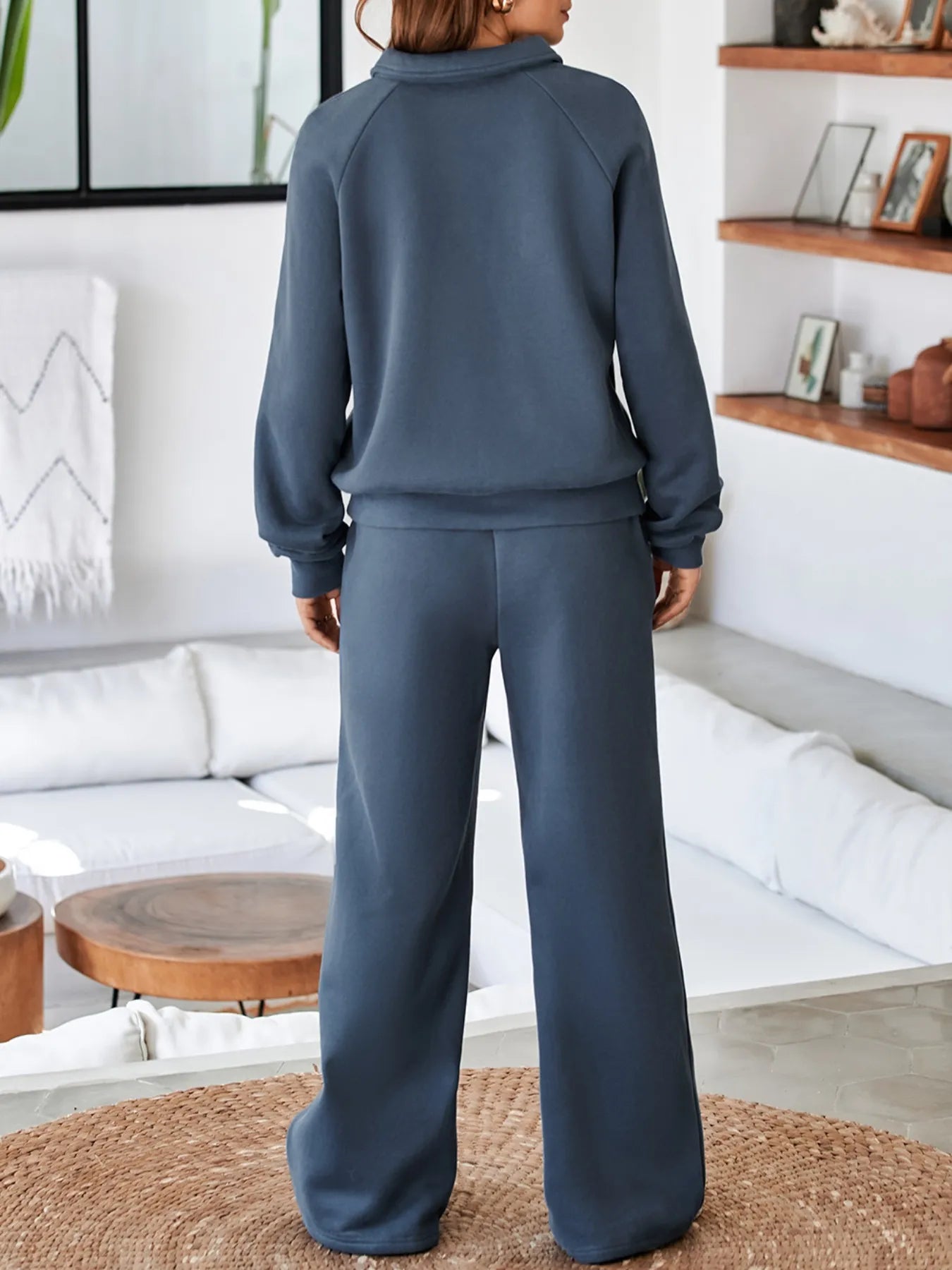 Collared Sweatshirt and High Waist Pants Active Set - Farnelli