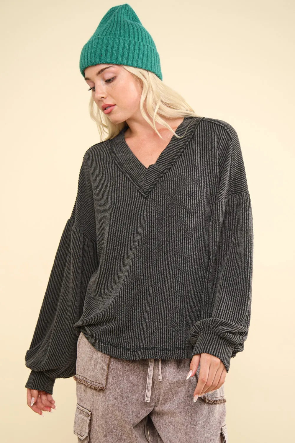VERY J Two Tone Ribbed V-Neck Exposed Seam Top - Farnelli