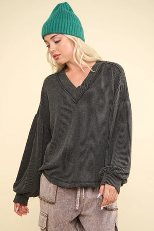 VERY J Two Tone Ribbed V-Neck Exposed Seam Top - Farnelli