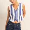 HYFVE Woven Striped V-Neck Button Down Vest - INDIGO/CREAM