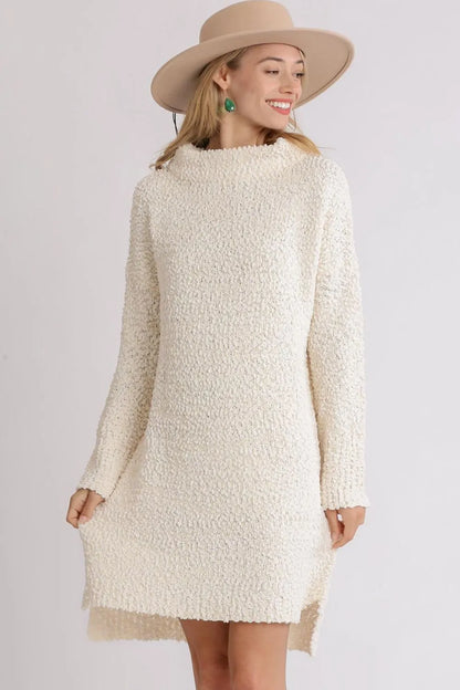 Umgee Full Size High Low Long Sleeve Boucle Sweater Dress Plus Size - Farnelli
