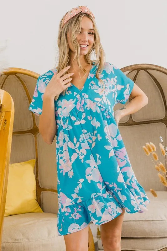 BiBi Floral Crinkle Shirred Ruffle Detail V Neck Dress - Farnelli
