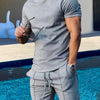 Men's Plus Size Round Neck Short Sleeve Top and Shorts Set - Light Gray