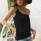 BiBi Rayon Span Knit One Shoulder Top with Leopard Ribbon - Farnelli