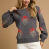 Umgee Single Flower Stem Jacquard Sweater - CHARCOAL