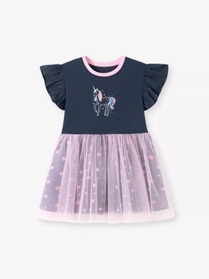 Children's Unicorn Graphic Ruffle Sleeve Tulle Dress - Farnelli