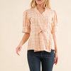 And The Why Plaid Patterned and Ruffled Wrap Blouse Top - SALMON