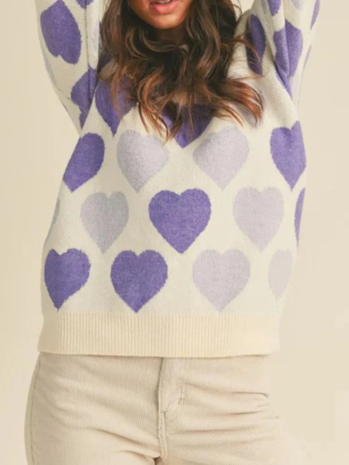 Heart Ribbed Hem Long Sleeve Sweater - Farnelli