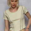 POL Contrast Stitching Round Neck Crop T-Shirt - Sage