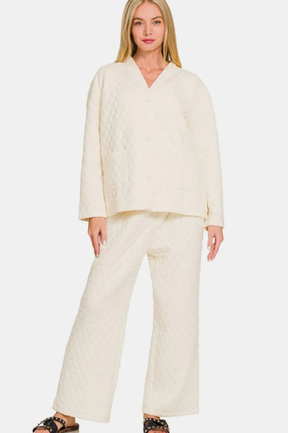 Zenana Quilted Button Up Long Sleeve Top and Pants Lounge Set - Farnelli