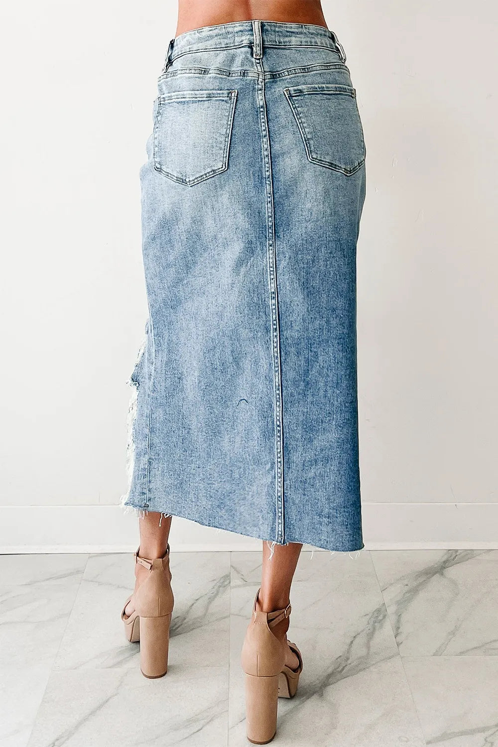 Distressed Asymmetrical Denim Skirt with Frayed Hem - Farnelli
