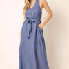 Mittoshop Cross Back Belted V Neck Tank Maxi Dress - Dusty Blue