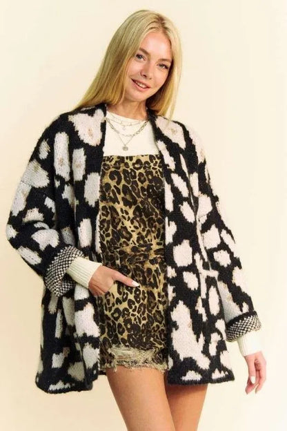 Davi & Dani Leopard Open Front Long Sleeve Cardigan - Farnelli