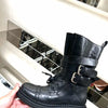 Buckled Leather Block Heel Boots - Black
