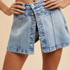 Annie Wear Button Detail Stretch Denim Wrap Mini Skort - MEDIUM WASHED DENIM