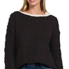 Zenana Contrast Trim Cropped Sweater - BLACK/IVORY