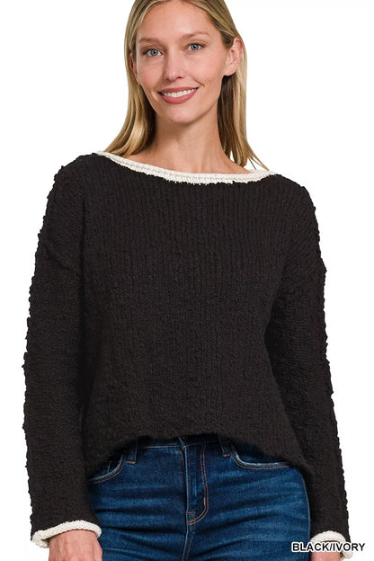 Zenana Contrast Trim Cropped Sweater - Farnelli
