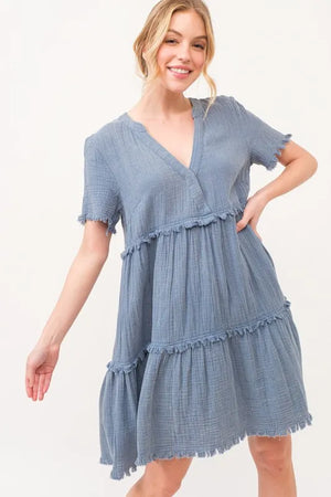 And The Why Washed Frayed Detail Tiered Dress - Farnelli