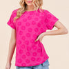 BOMBOM Textured Floral Pattern Short Sleeve T-Shirt - Fuchsia