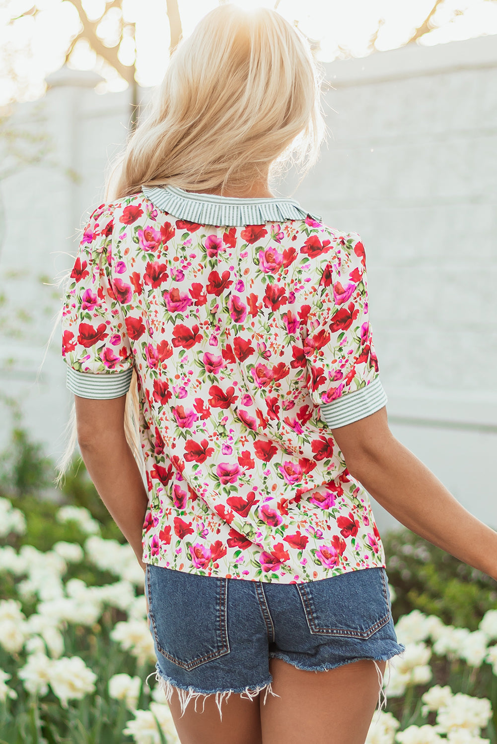 Romy Floral Striped Patchwork Collared Short Sleeve Blouse - Farnelli