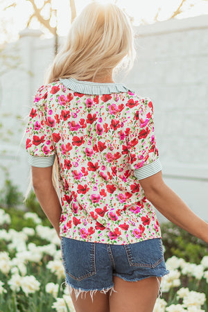 Romy Floral Striped Patchwork Collared Short Sleeve Blouse - Farnelli