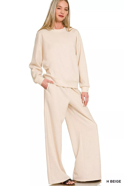 Zenana Scuba Crewneck Pullover and Pants Set - Farnelli