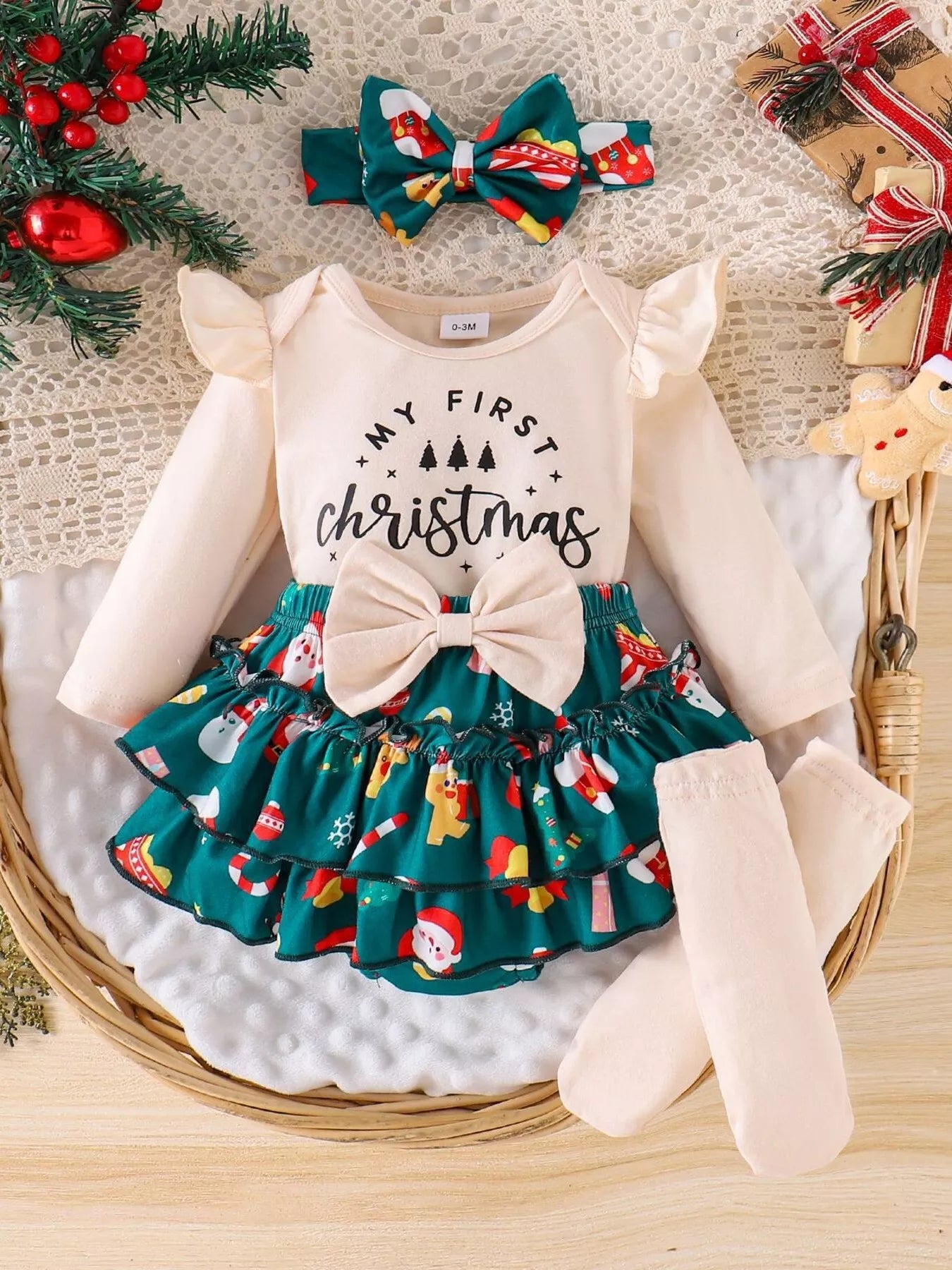 Children's Christmas Ruffled Long Sleeve Top and Skirt Set with Headband - Farnelli