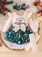 Children's Christmas Ruffled Long Sleeve Top and Skirt Set with Headband - Farnelli