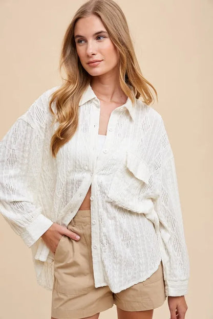 Annie Wear Openwork Button Down Drop Shoulder Shirt - Farnelli