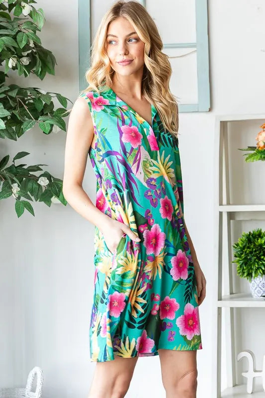 Heimish Full Size Floral Johnny Collar Sleeveless Dress Plus Size - Farnelli