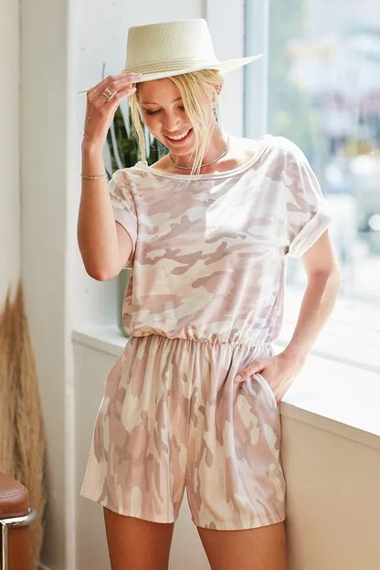 BiBi Camo Print French Terry Romper with Side Pockets - Farnelli