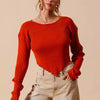 SO ME Rib Knitted Crop Sweater Top With Shaped Hem - RUST